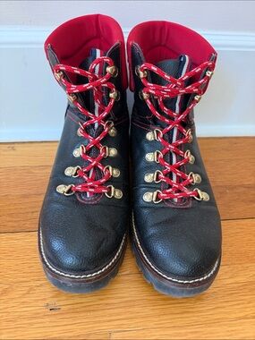 Black Faux Leather Hiking Boots with Red Accents by Tommy Hilfiger, size 8.5